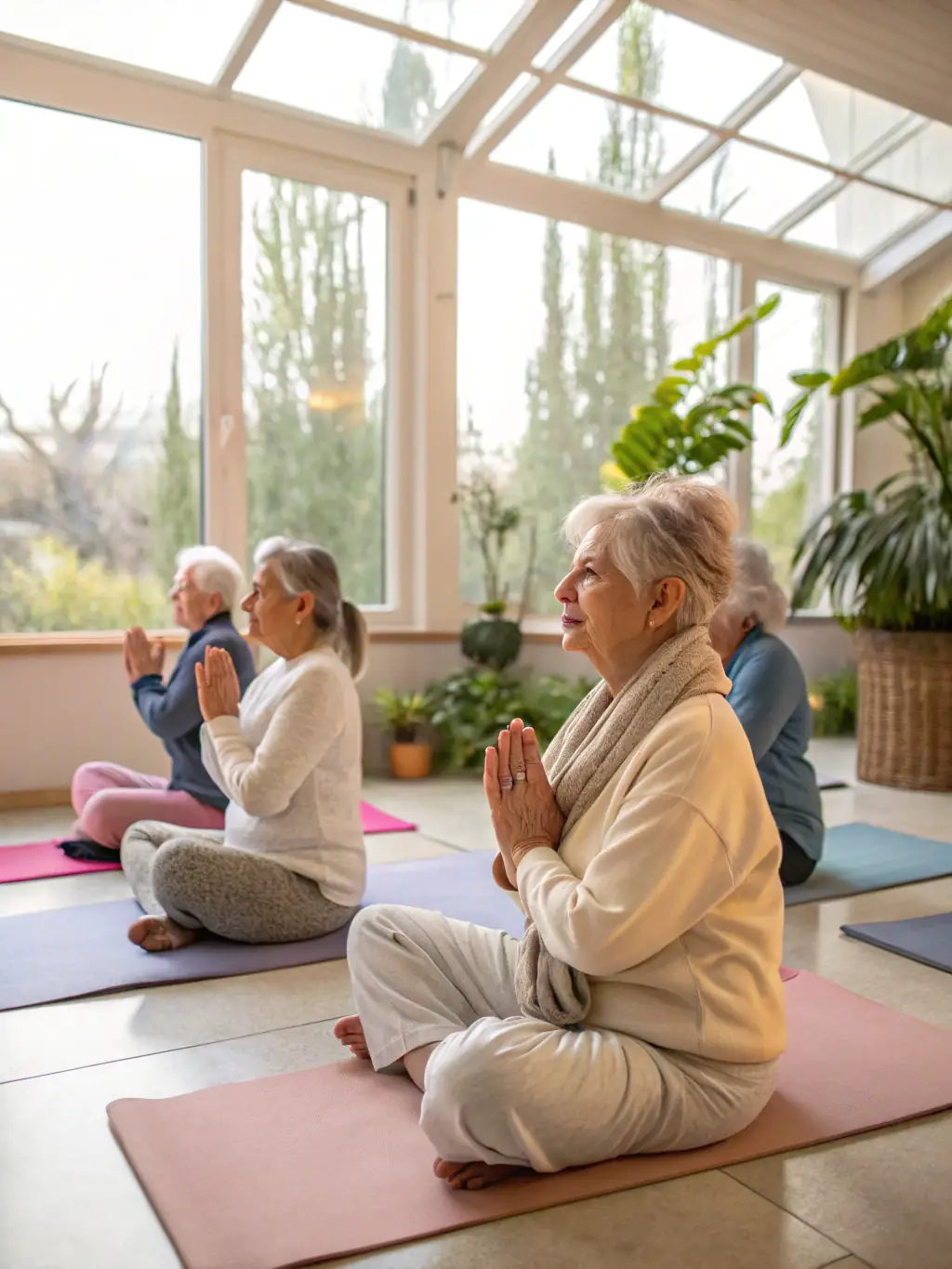 A serene image of seniors enjoying a gentle yoga session in the park, emphasizing relaxation and well-being.