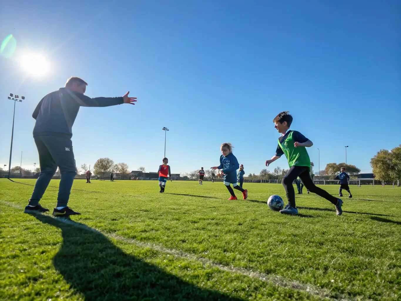 A vibrant image of children and adults playing soccer and participating in outdoor fitness classes in a well-maintained sports field, showcasing the Community Sports Programs.